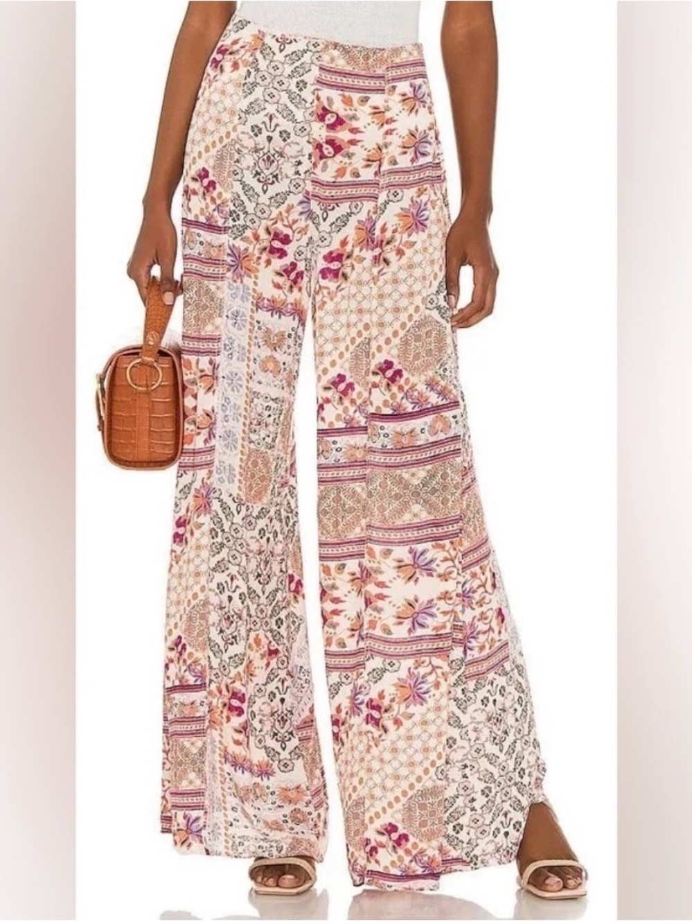 Free People Cream Patchwork Floral Wide-Leg Trousers